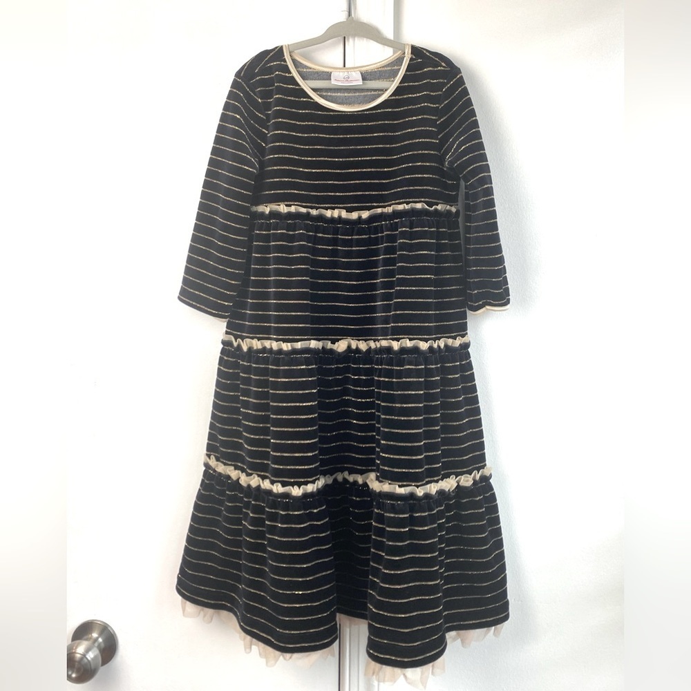 Hanna Andersson black & gold tulle trim velour  tier dress size 6/7